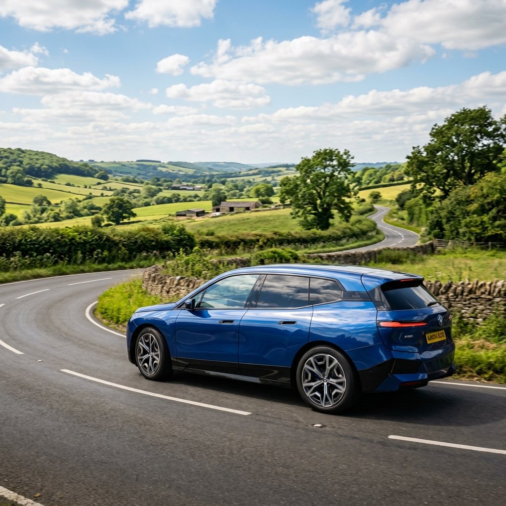 Sleek modern electric sports SUV driving on a British road