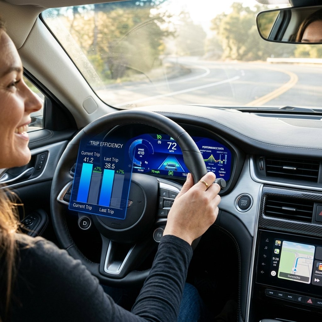 Happy driver inside modern electric car looking at the sleek digital dashboard display
